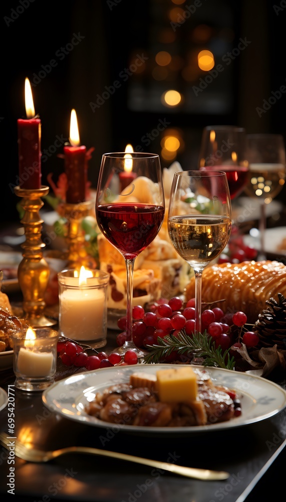 Festive table setting for Christmas or New Year dinner. Decorated with candles.