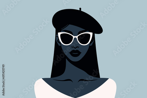 Beautiful black woman portrait wearing sunglasses and a beret. Vector illustration in blue-gray tones. Artwork, print. Minimalism