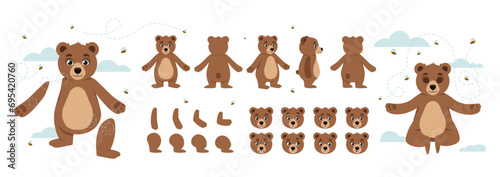 Set of Character Constructor for Animation. Bunch of body parts and emotional expression of adorable forest bear. Animal in different poses. Cartoon flat vector collection isolated on white background