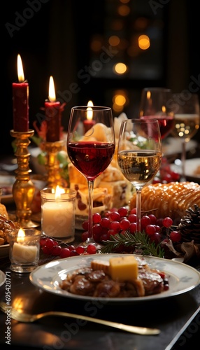 Festive table setting for Christmas or New Year dinner. Decorated with candles.