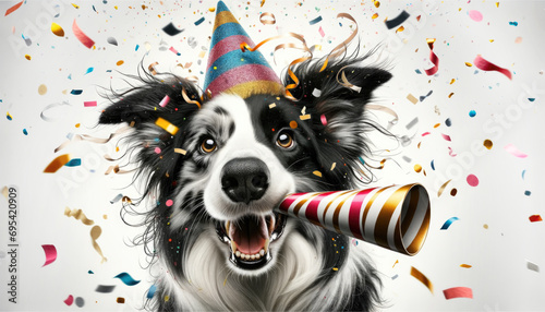 Print op canvas Funny Collie Dog celebrating party birthday or carnival wearing party hat