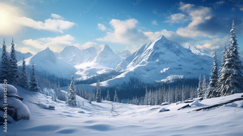 The scene should capture the majesty of the mountains with the snow gently blanketing the ground