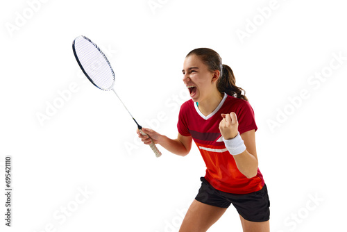 Energetic portrait of young girl, professional badminton player rejoices because she winning match against white studio background. Concept of sport, active lifestyle, strength and power. Copy space.