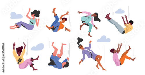 Set of different falling people. Happy characters floating among clouds. Flying or falling down guys and girls. Inspiration and imagination. Cartoon flat vector collection isolated on white background
