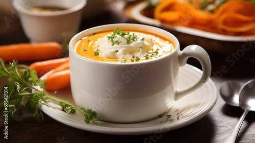 Carrot soup in a mug with carrots sour cream Create. Ai generative