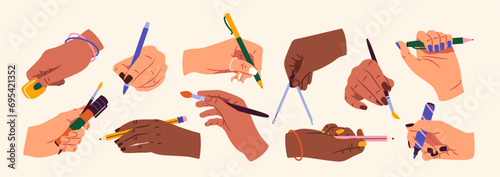Hands with pencils set. Creativity and art. People with pens, markers and brushes draw and write. Talented artists with stationery. Cartoon flat vector collection isolated on white background