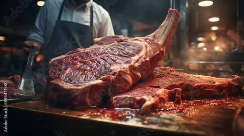 Closeup of a butcher serving fresh tomahawk steak. Ai generative photo