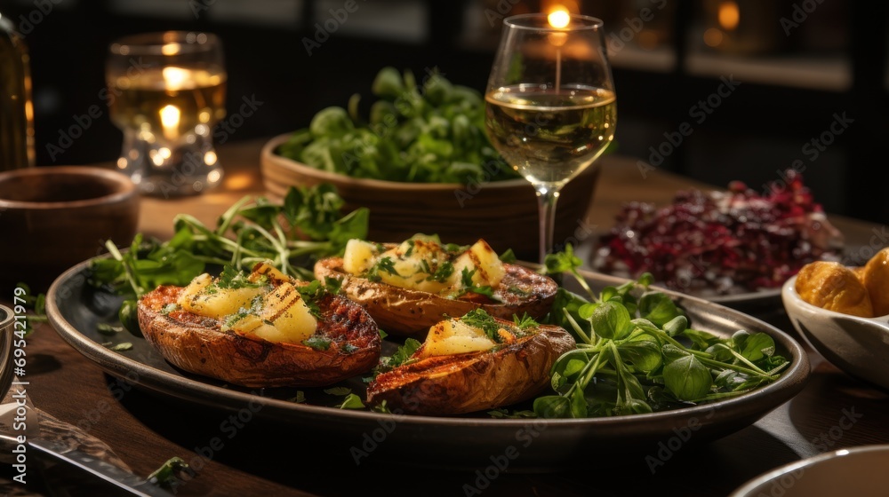 a close up of a plate of food on a table with a glass of wine and a plate of food on a table with other plates and a glass of wine. a close up of a plate of food on a table with a glass of wine and a plate of food on a table with other plates and a glass of wine.
