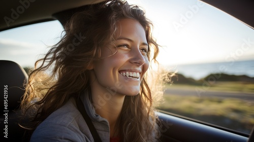 Enervate a warm and realistic image of a smiling in car. Ai generative