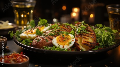  a close up of a plate of food with meat, eggs, and lettuce on a table next to a glass of water and a bowl of other food.