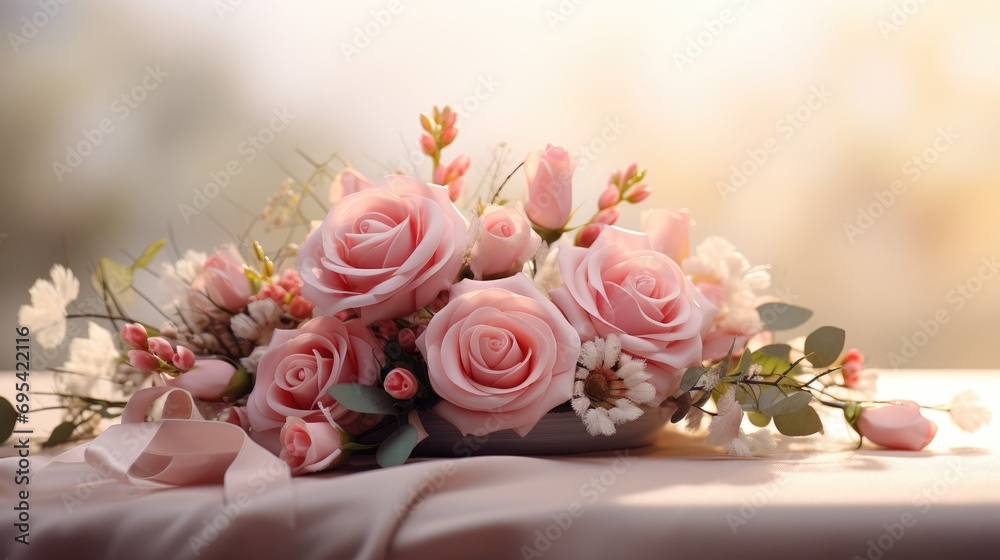 Floral arrangement with pink roses gerberas. Ai generative Floral arrangement with pink roses gerberas. Ai generative