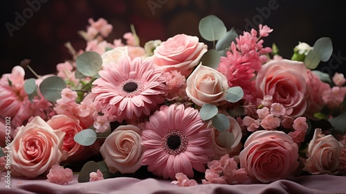 Floral arrangement with pink roses gerberas. Ai generative