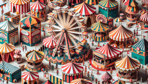 A paper and fabric carnival scene with rides and tents in a 16_9 ratio, suitable for a best-seller on Adobe Stock.