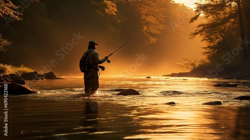 Fly fisherman fishing pike in river Capture. Ai generative