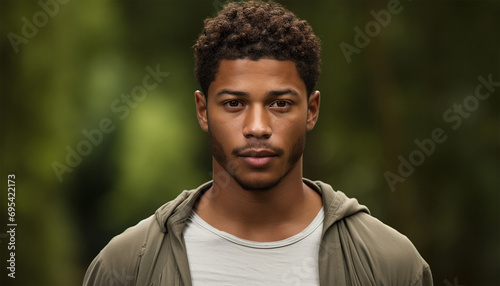Happy young African American man portrait in a green park in the spring. Satisfied black man breathing fresh air with eyes closed standing in the park outdoors