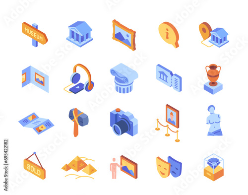 Set of museum colorful icons. Bunch of bright signs with museum building, art gallery, antique sculptures and busts and marble column. Cartoon isometric vector collection isolated on white background