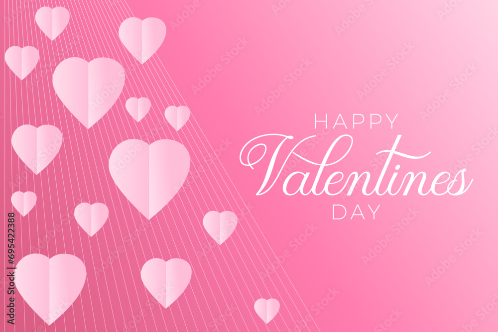 Happy Valentines Day cute pink postcard with origami hearts and text. Place for text. Happy Valentine's day sale header banner or voucher template with hearts.