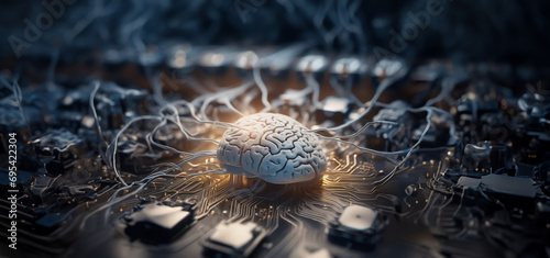 connecting the brain to a microcircuit and processor chip, the concept of cyborg technology in the human body photo