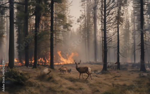 forest fire, animals running on fire, environmental disaster, global warming, destruction of the biosphere