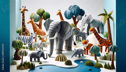 A fabric and paper zoo with a variety of animals in a 16_9 ratio, suitable for a best-seller on Adobe Stock.