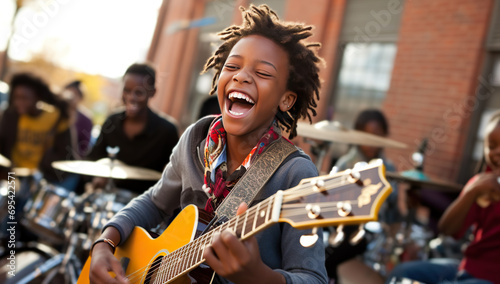 A young Black boy joyfully plays a yellow acoustic guitar outdoors, while other children play percussion instruments in the background. photo