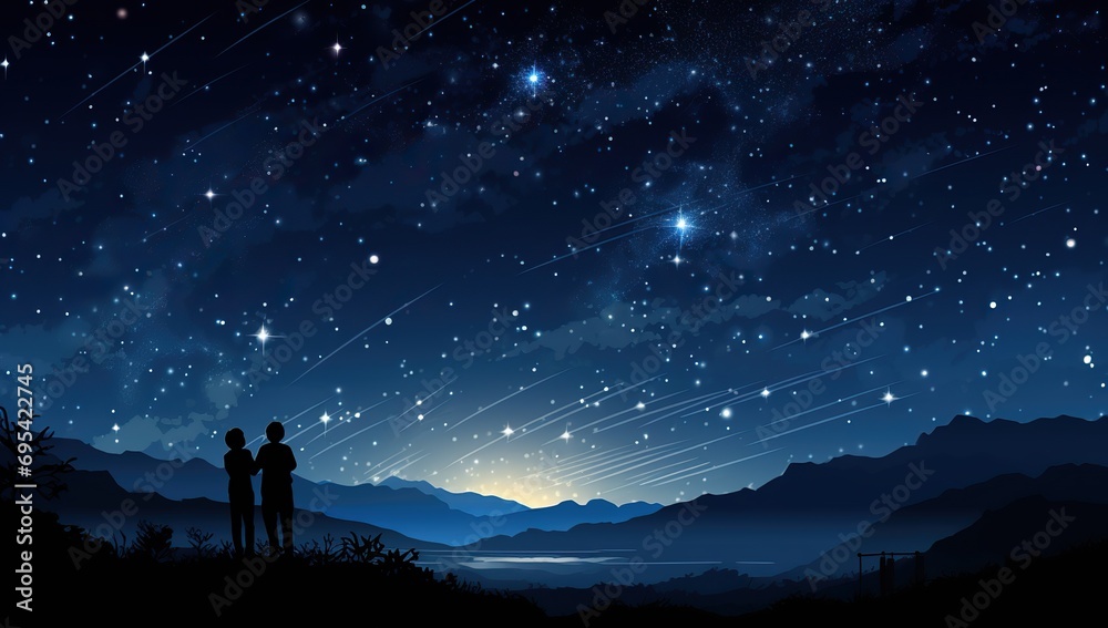 A couple stands and watches a meteor shower in the starry night sky over a mountainous region. The concept of astrology