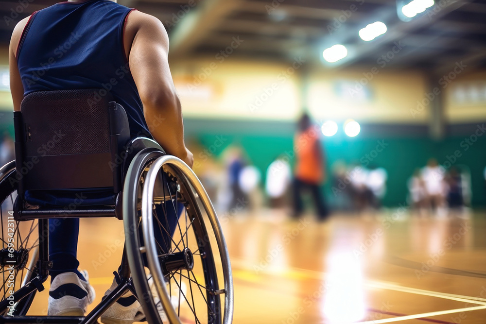 A disabled man in a wheelchair on a sports ground. Sports for people with disabilities. Basketball. A disabled man in a wheelchair on a sports ground. Sports for people with disabilities. Basketball.