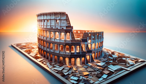 A close or medium shot angle of the Colosseum in Rome at sunset, creatively crafted from a mix of paper and fabric, showcasing a variety of textures a.