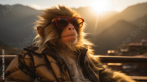 A trendy relaxing Ulan utan monkey wear sunglasses at natural mountains range.    photo