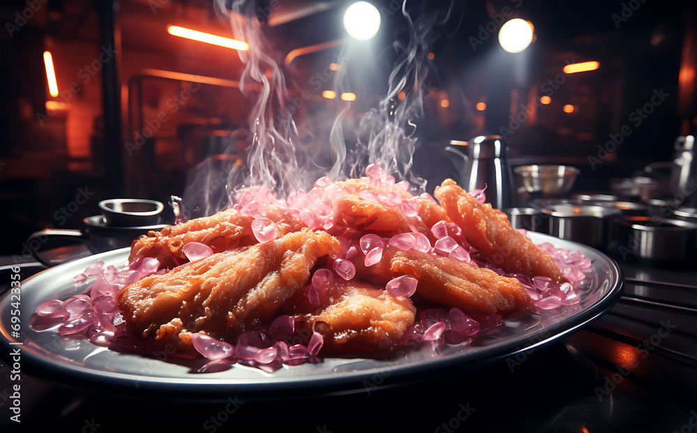 A view of cooking delicious fillets of deep fried fish with onion sauce on a large plate