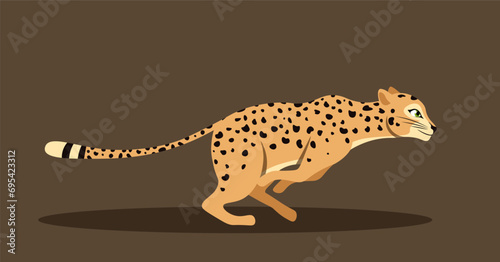 Cute running leopard. Adorable spotted predator jumps and chases its prey. Fast cheetah rushes forward. Big cat in motion.. Cartoon flat vector illustration isolated on brown background