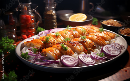 A view of cooking delicious fillets of deep fried fish with onion sauce on a large plate