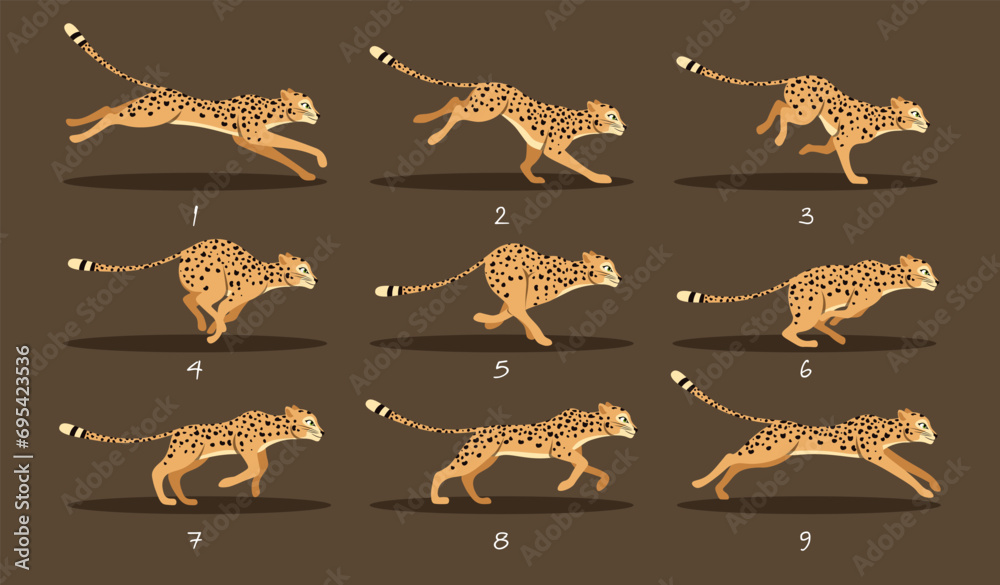 Leopard Run cycle. Set of Animation frames or sprite sheet. Cheetah rush and chases prey. Savannah wild animal in motion. Design for video. Cartoon flat vector collection isolated on brown background - obrazy, fototapety, plakaty 