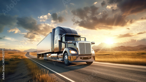 Stunning image of a semi-trailer driving down the highway during sunset. This painting captures the beauty of the golden hour and the feeling of movement on the road. Road transportation concept.