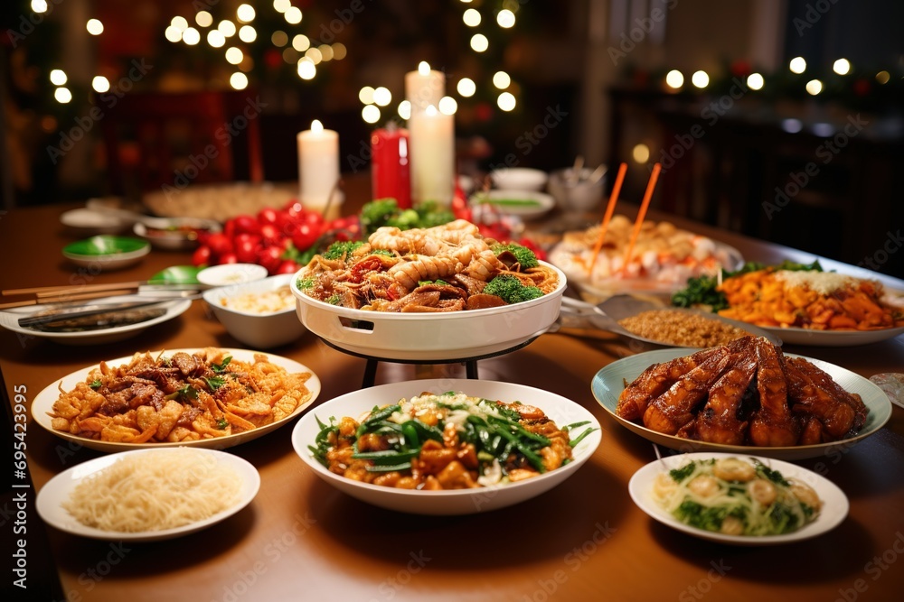 Chinese New Year feasting Joyous gatherings, abundant food, familial celebrations: 