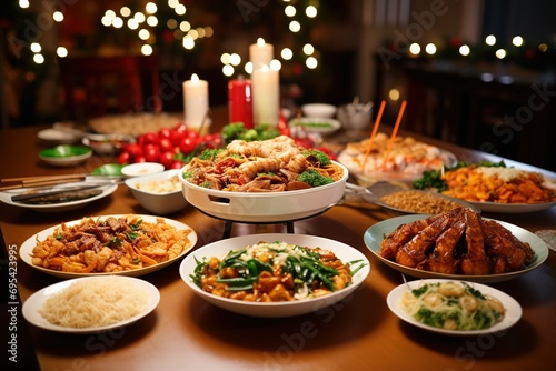 Chinese New Year feasting Joyous gatherings, abundant food, familial celebrations:  photo