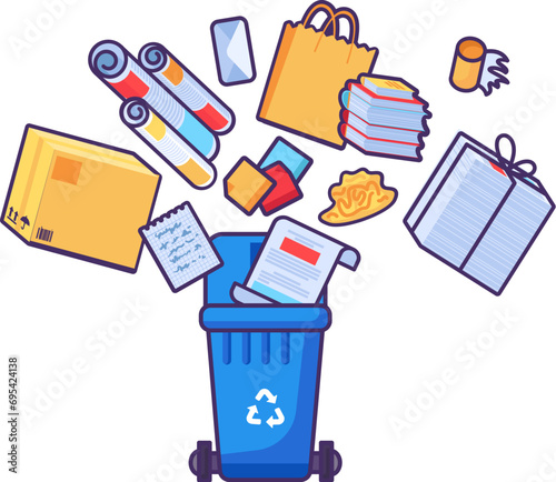 Old unwanted Paper Cardboard Items fall into open trash can. Heap of old books, newspapers, boxes, packages. Paper pollution problem. Stroked cartoon outline vector isolated on white background