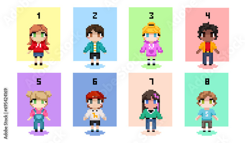 Set of people in pixel art style. Retro icons with multiethnic boys and girls preschoolers or teenagers. 8 bit design elements for games. Cartoon flat vector collection isolated on white background