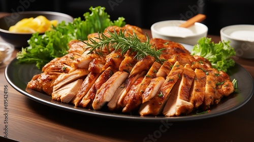 Grilled chicken breast cut into strips. Ai generative