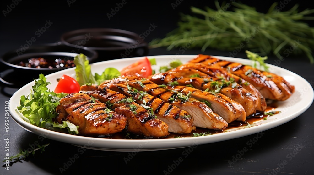Grilled chicken breast cut into strips. Ai generative