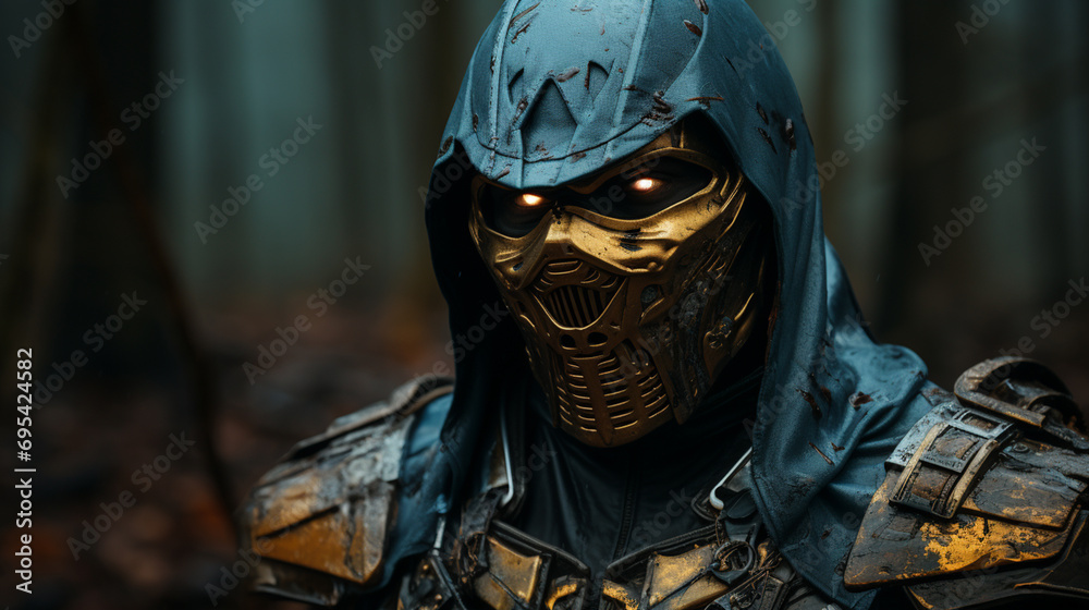 A mysterious fictional character dons a suit of gleaming armour and a striking mask, their intricate clothing hinting at a hidden past