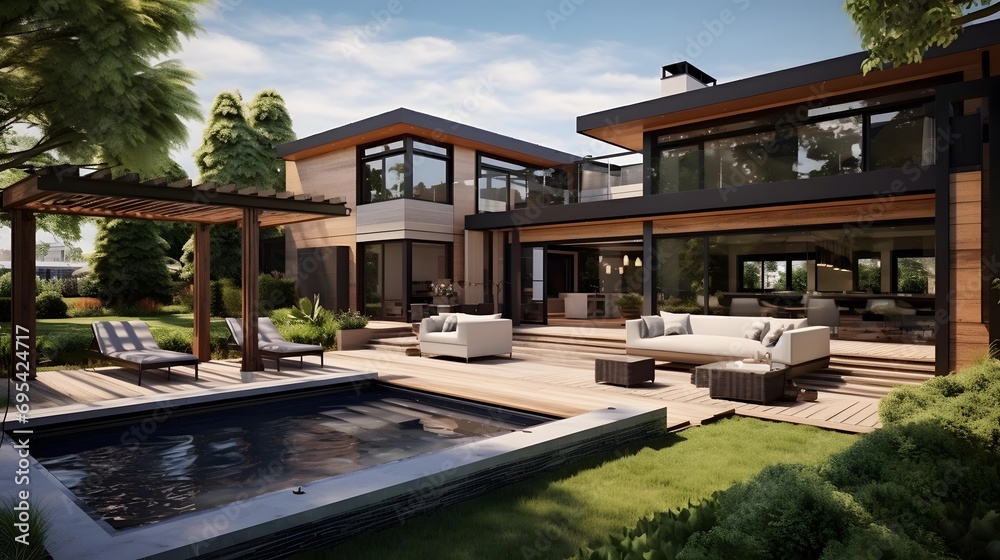 3d rendering of a modern cozy house with pool and parking for sale or rent