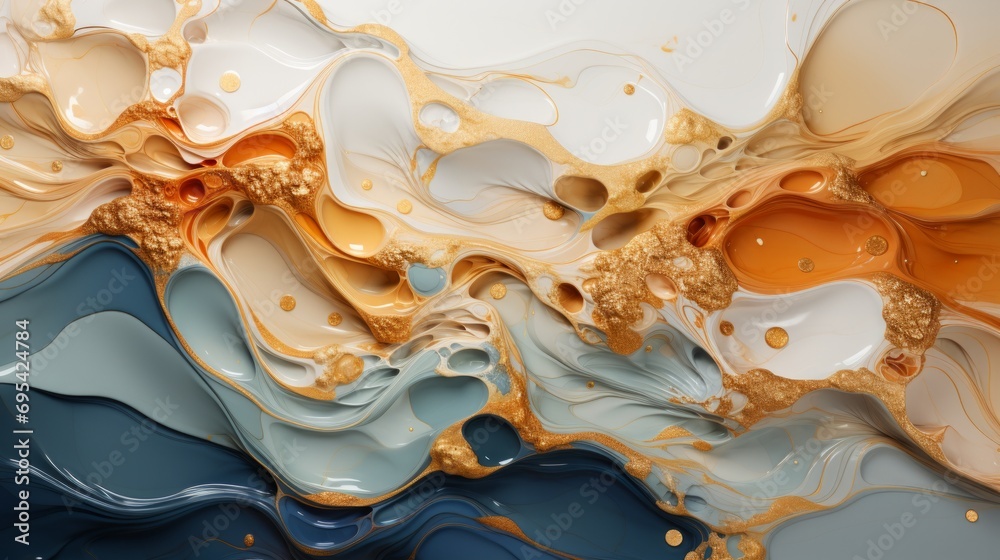 An intricate display of colors and shapes dance together, forming an abstract masterpiece that invites the viewer to explore the depths of the artist's imagination