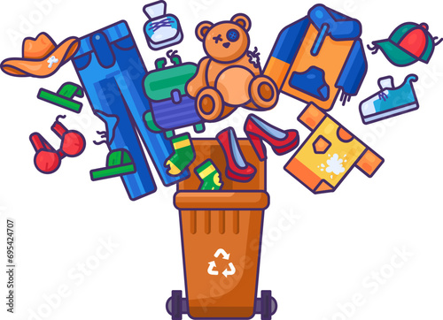 Old unwanted Textile Products fall into open trash can. Heap of old clothing, toys and fabric scraps. Textile pollution problem. Stroked cartoon outline vector isolated on white background