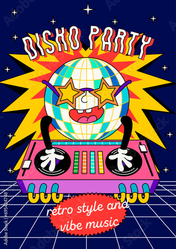 Retro party poster. Vintage cover with smiling disco ball DJ spinning discs or cassettes with nostalgic music in nightclub. Back to 90s. Invitation to karaoke event. Cartoon flat vector illustration