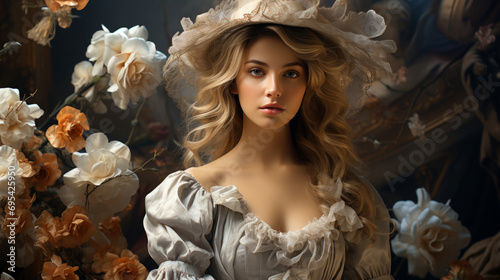 A graceful woman stands in a sunlit room, her face adorned with a delicate flower and her outfit complete with a stunning dress and hat, embodying elegance and sophistication