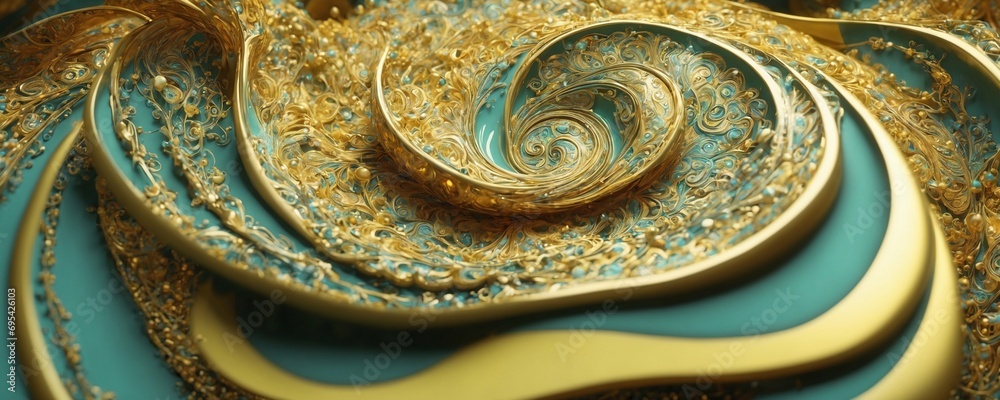 a close up of a gold and blue swirl