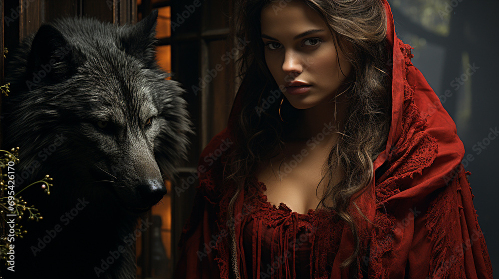A fierce and elegant woman donning vibrant red dress stands confidently beside a majestic wolf, their eyes locked in powerful and mesmerizing stare, showcasing perfect balance of beauty and strength