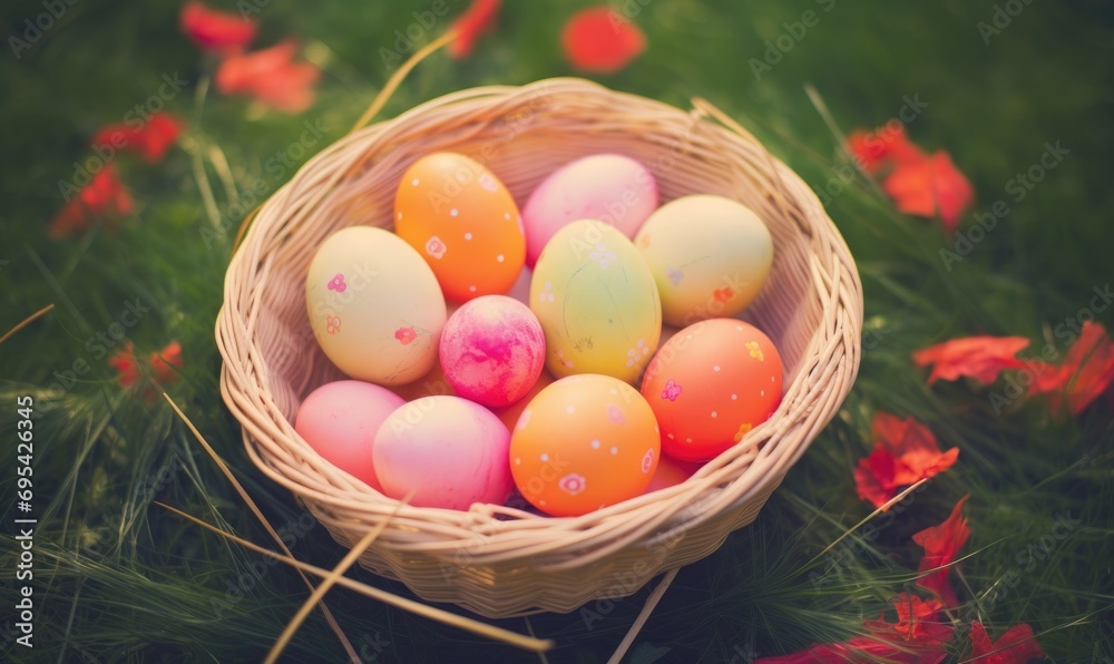 Easter holiday. Easter basket with colorful eggs on a background of green grass meadow Easter holiday. Easter basket with colorful eggs on a background of green grass meadow