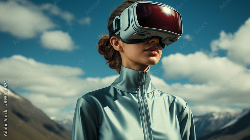 Immersed in a virtual world, a hiker gazes at the vast mountain landscape through her cloud-like goggles, her human face hidden behind a helmet and sunglasses Immersed in a virtual world, a hiker gazes at the vast mountain landscape through her cloud-like goggles, her human face hidden behind a helmet and sunglasses